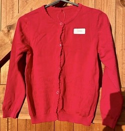 Item Name: G7-8 014 Description: Red Cardigan Condition: Good Size: Aged 7-8 Price: £1.50